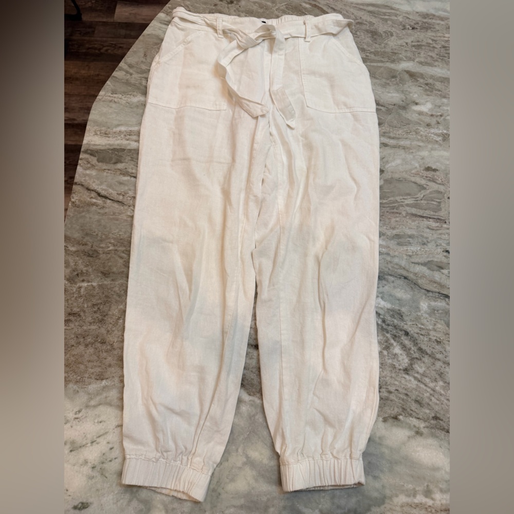 Beau Dawson Linen Jogger Pants Ivory Cream Elastic Waist Size M